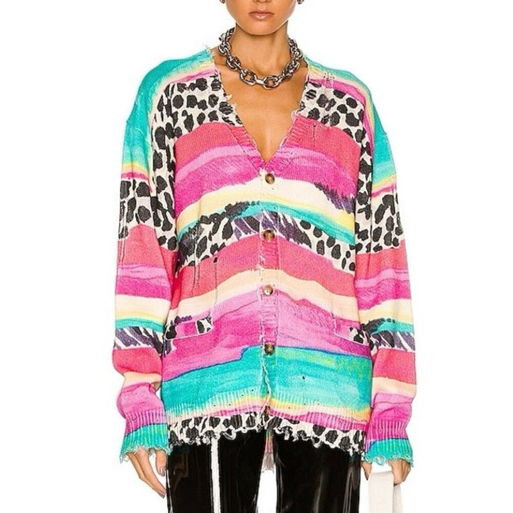R13 Women's XS‎ Distressed Edge Oversized Cardigan Rainbow Multi Stripe Leopard